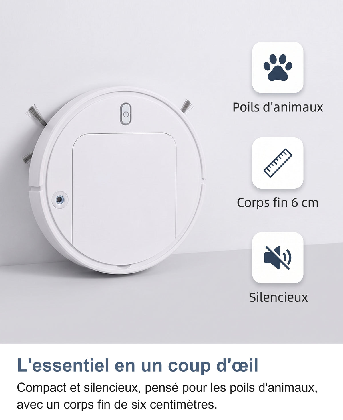Icônes du robot aspirateur : poils d'animaux, corps fin, silencieux