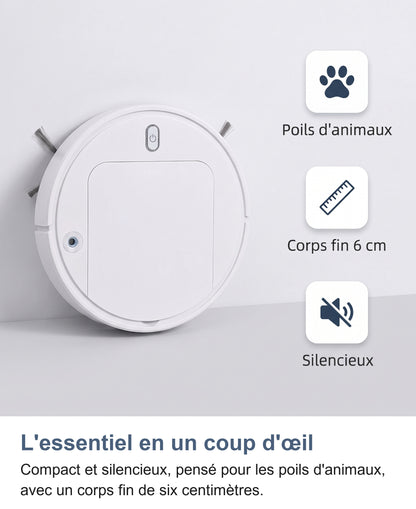 Icônes du robot aspirateur : poils d'animaux, corps fin, silencieux