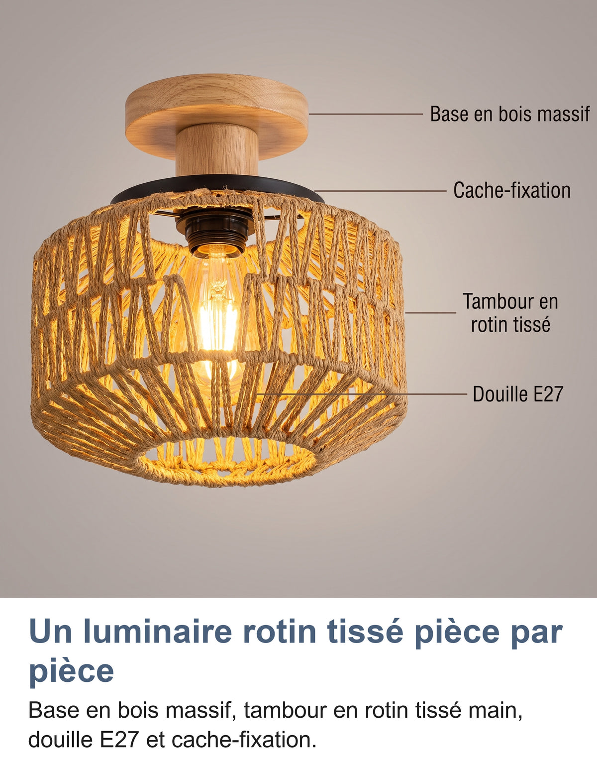 Anatomie du plafonnier rotin : base en bois massif, tambour tisse, douille E27, cache-fixation