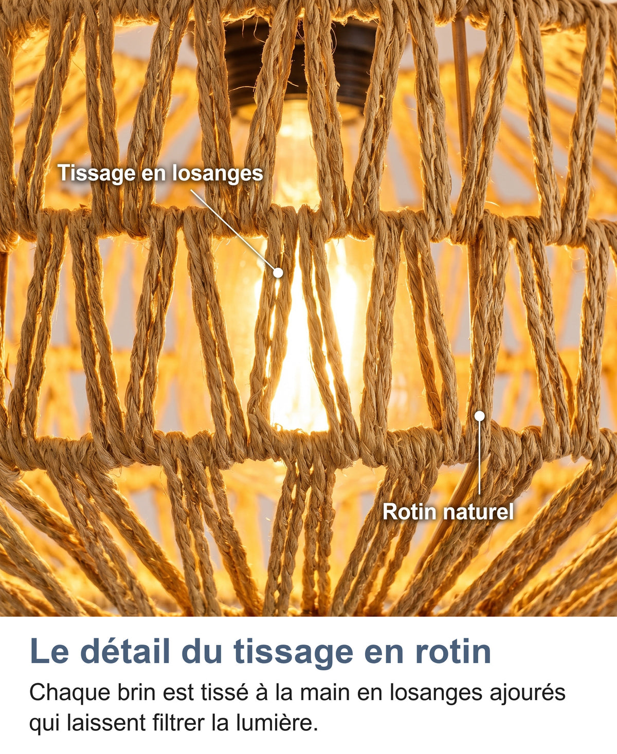 Gros plan du tissage en rotin en losanges, laissant filtrer la lumiere