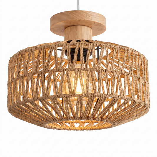 Plafonnier en rotin tisse a la main, style boheme vintage, ampoule E27 LED allumee