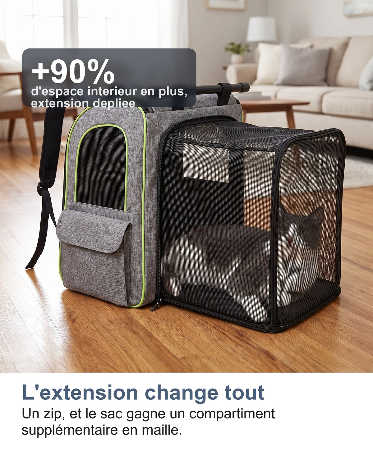 Le sac de transport chat avec son extension dépliée