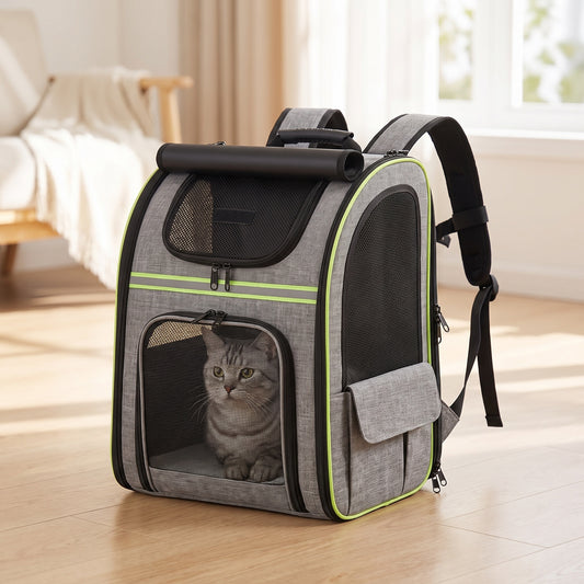 Sac de transport chat extensible gris et vert avec un chat à l'intérieur
