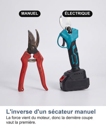 Sécateur manuel et sécateur électrique côte à côte