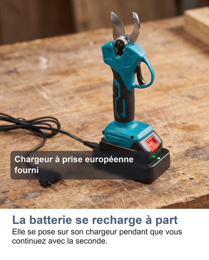 La batterie du sécateur électrique sur son chargeur