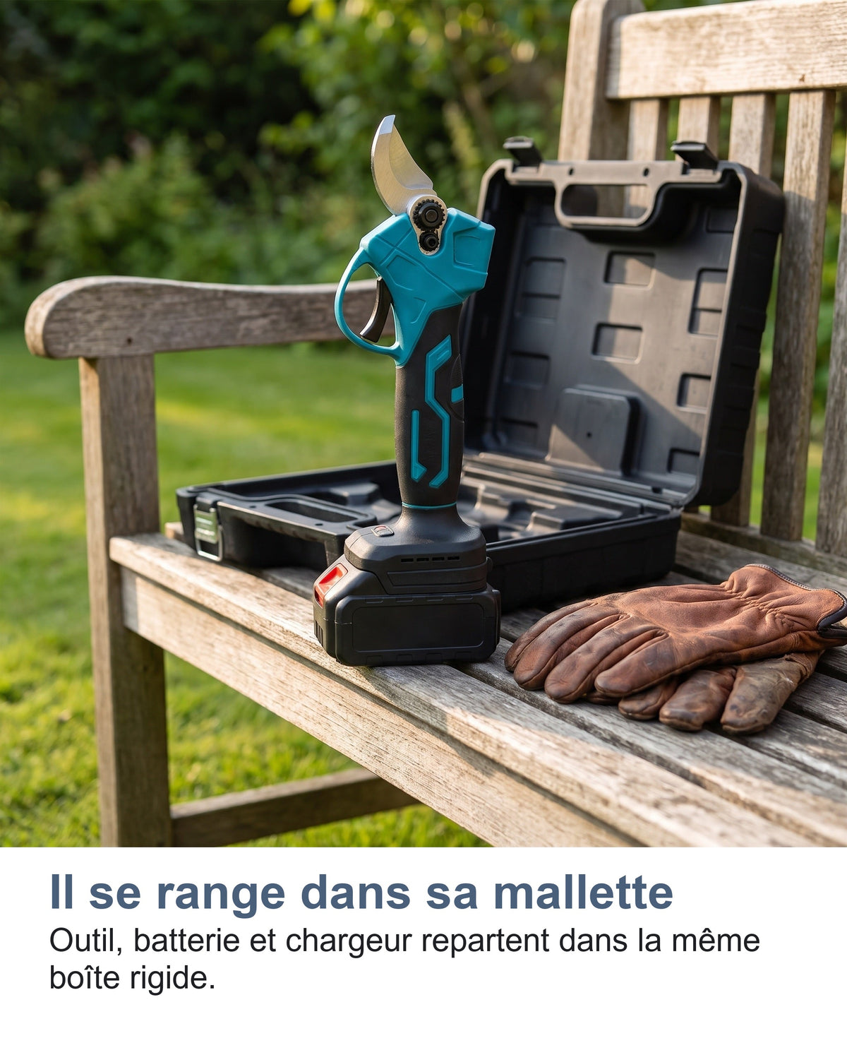 Le sécateur électrique et sa mallette sur un banc