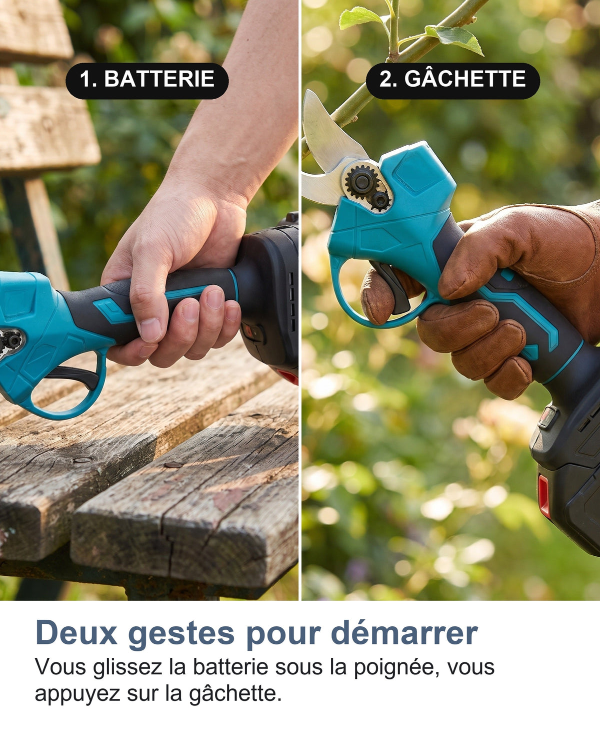 Mise en place de la batterie du sécateur électrique