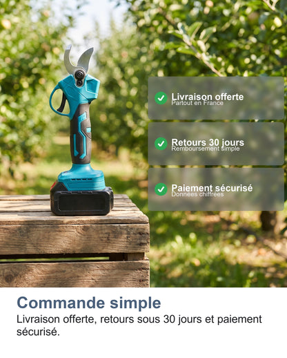 Le sécateur électrique posé sur une caisse en bois