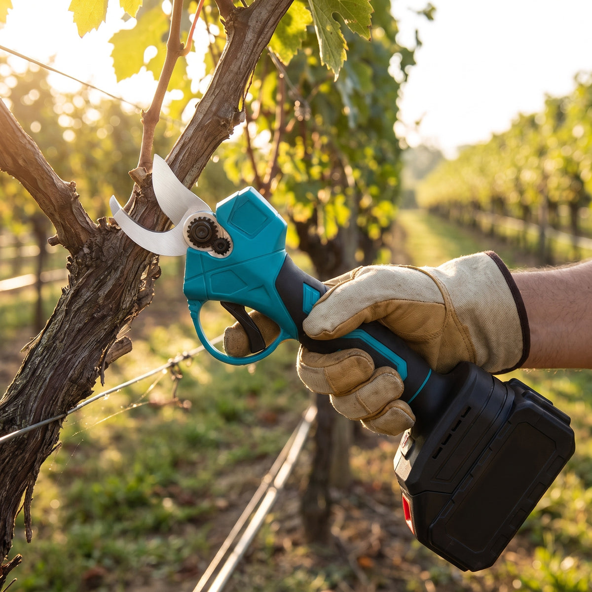 Sécateur électrique sans fil utilisé pour tailler une vigne