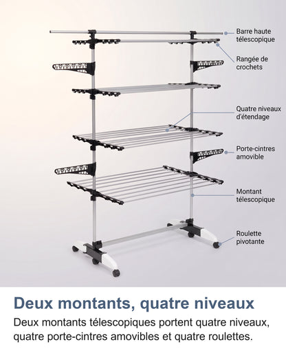 Anatomie du séchoir à linge : deux montants, quatre niveaux, porte-cintres et roulettes