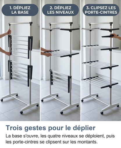 Trois étapes pour déplier l'étendoir à linge vertical : base, niveaux, porte-cintres