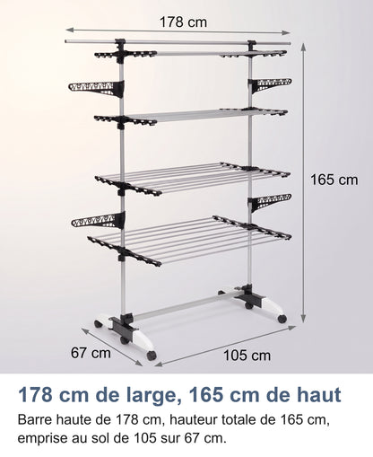 Dimensions de l'étendoir déplié : 178 cm de large, 165 cm de haut, base de 105 x 67 cm