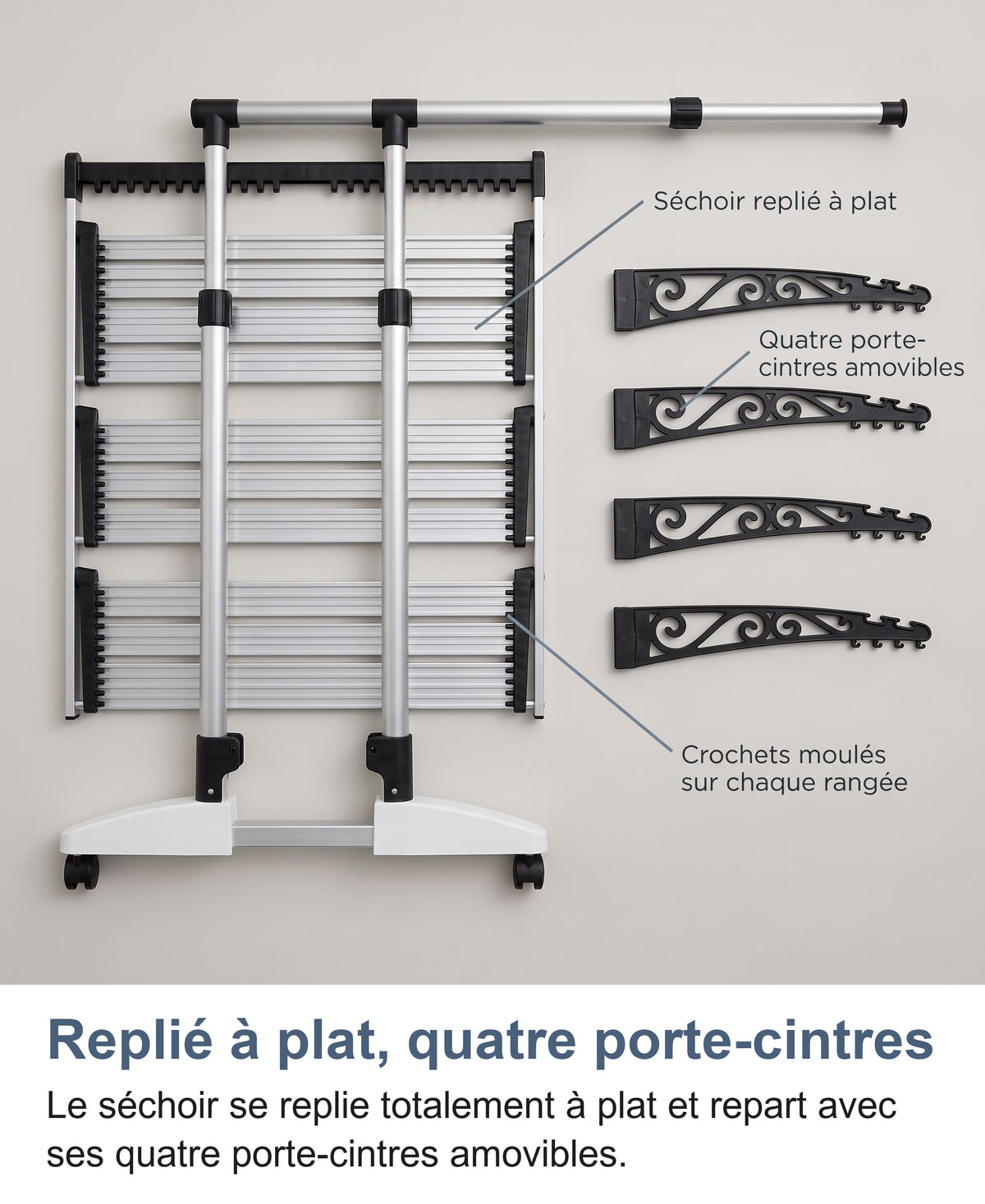 Séchoir à linge replié à plat avec ses quatre porte-cintres amovibles