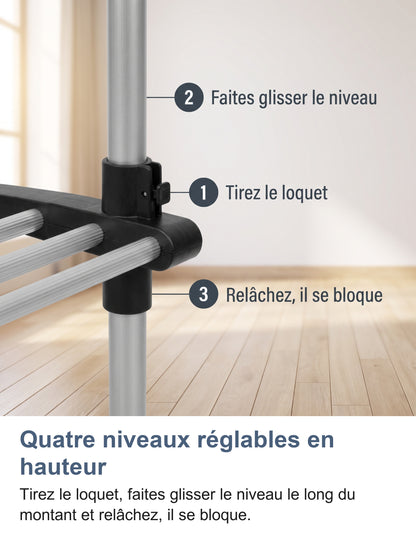 Réglage en hauteur d'un niveau : tirer le loquet, faire glisser, relâcher