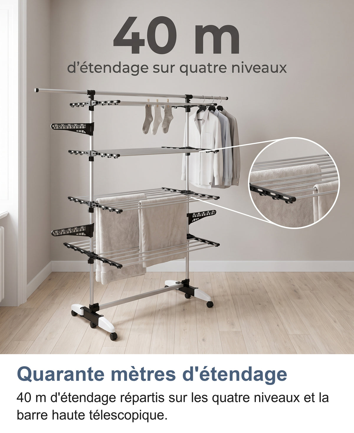 40 m d'étendage répartis sur les quatre niveaux du séchoir à linge