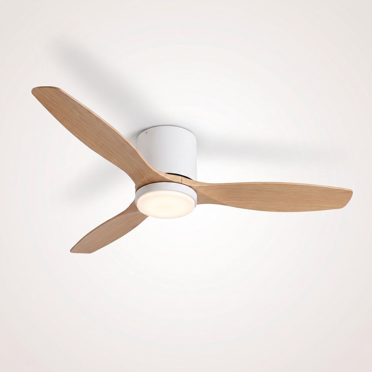 Ventilateur de plafond blanc à trois pales en bois clair et disque LED allumé, vu de trois quarts sous un plafond clair