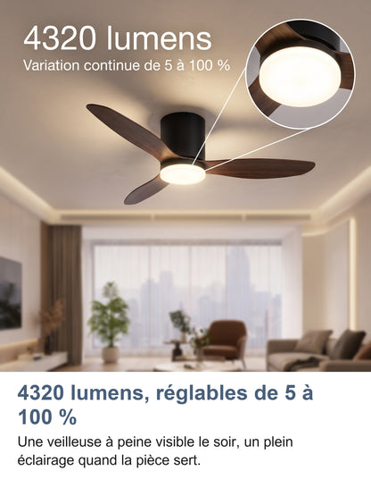 Ventilateur de plafond allumé dans un salon, 4320 lumens, zoom sur le disque LED