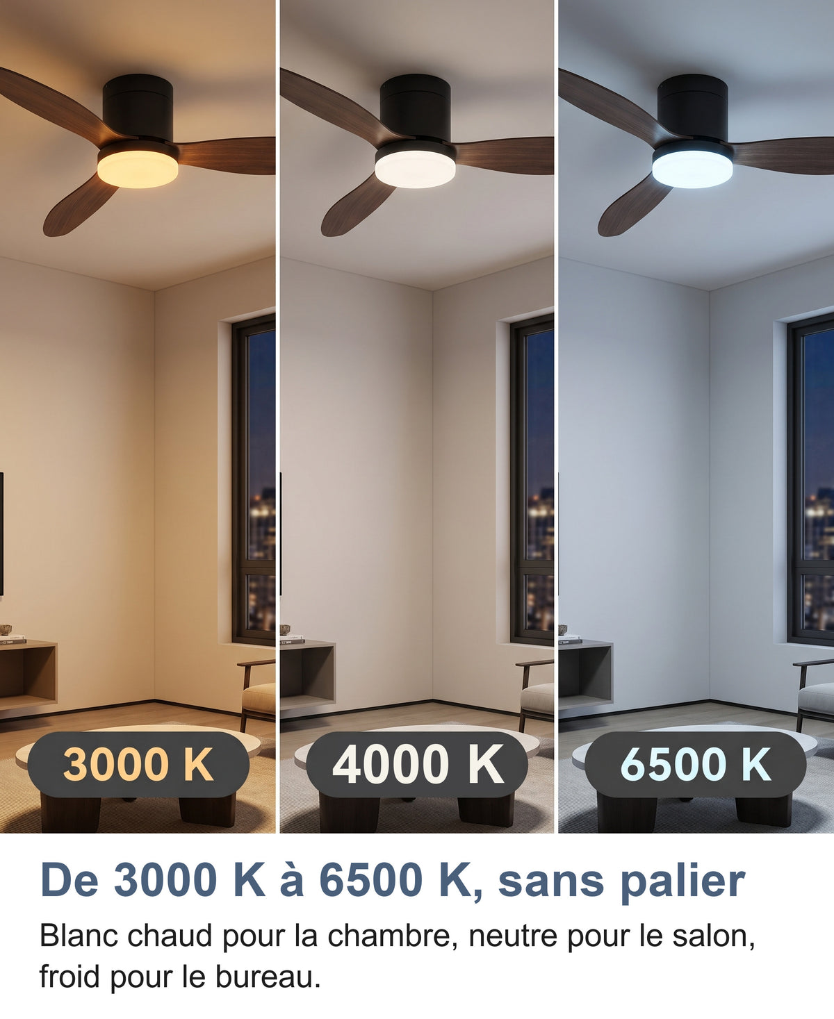 La même chambre éclairée par le ventilateur de plafond à 3000 K, 4000 K et 6500 K