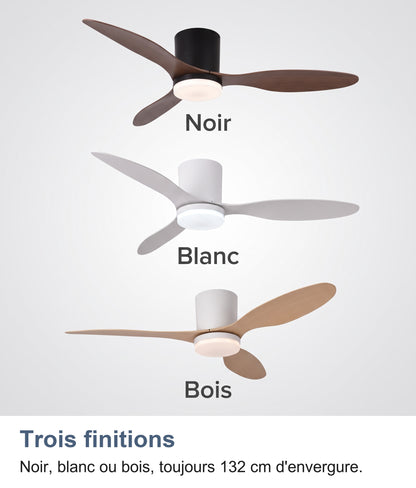 Les trois finitions du ventilateur de plafond : noir, blanc et bois