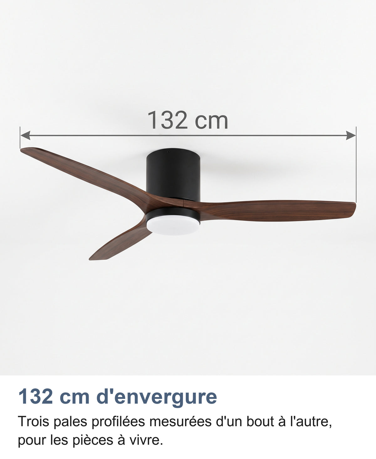 Ventilateur de plafond noir et bois avec la cote de 132 cm d'envergure