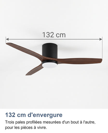 Ventilateur de plafond noir et bois avec la cote de 132 cm d'envergure