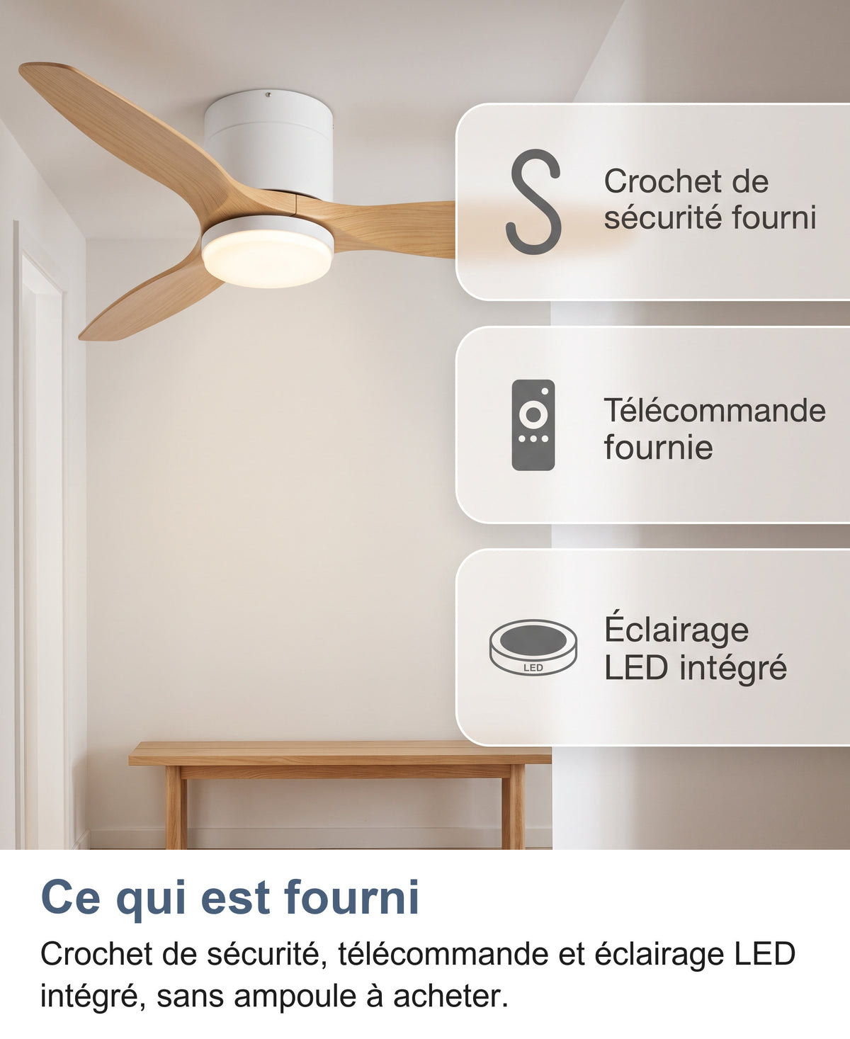 Ventilateur de plafond blanc et bois avec crochet de sécurité fourni, télécommande fournie et éclairage LED intégré