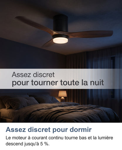 Ventilateur de plafond qui tourne la nuit dans une chambre, lumière LED tamisée