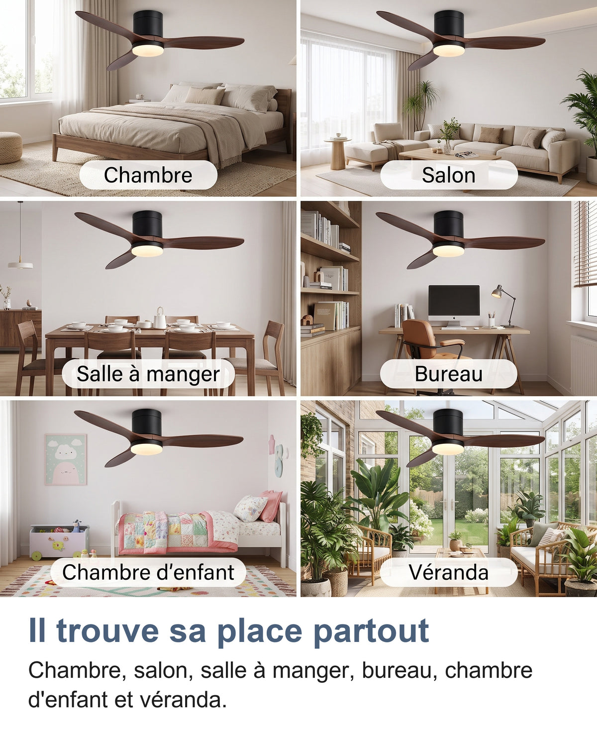 Le ventilateur de plafond installé dans six pièces : chambre, salon, salle à manger, bureau, chambre d'enfant et véranda