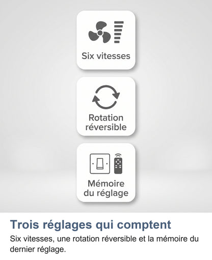 Trois réglages du ventilateur de plafond : six vitesses, rotation réversible et mémoire du réglage