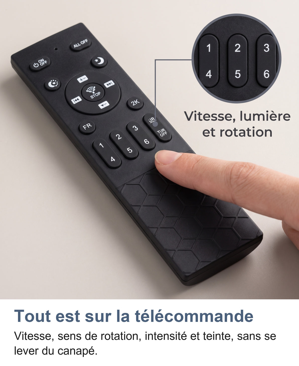 Doigt sur la télécommande du ventilateur de plafond, zoom sur les touches de vitesse 1 à 6