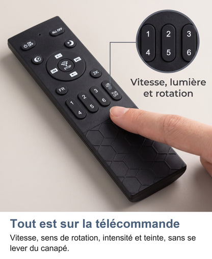 Doigt sur la télécommande du ventilateur de plafond, zoom sur les touches de vitesse 1 à 6