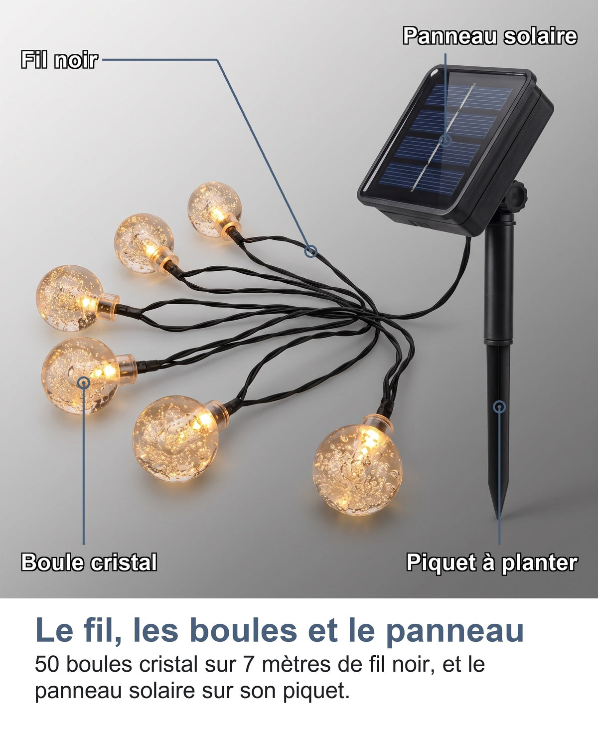 Le fil, les boules et le panneau 50 boules cristal sur 7 mètres de fil noir, et le panneau solaire sur son piquet.