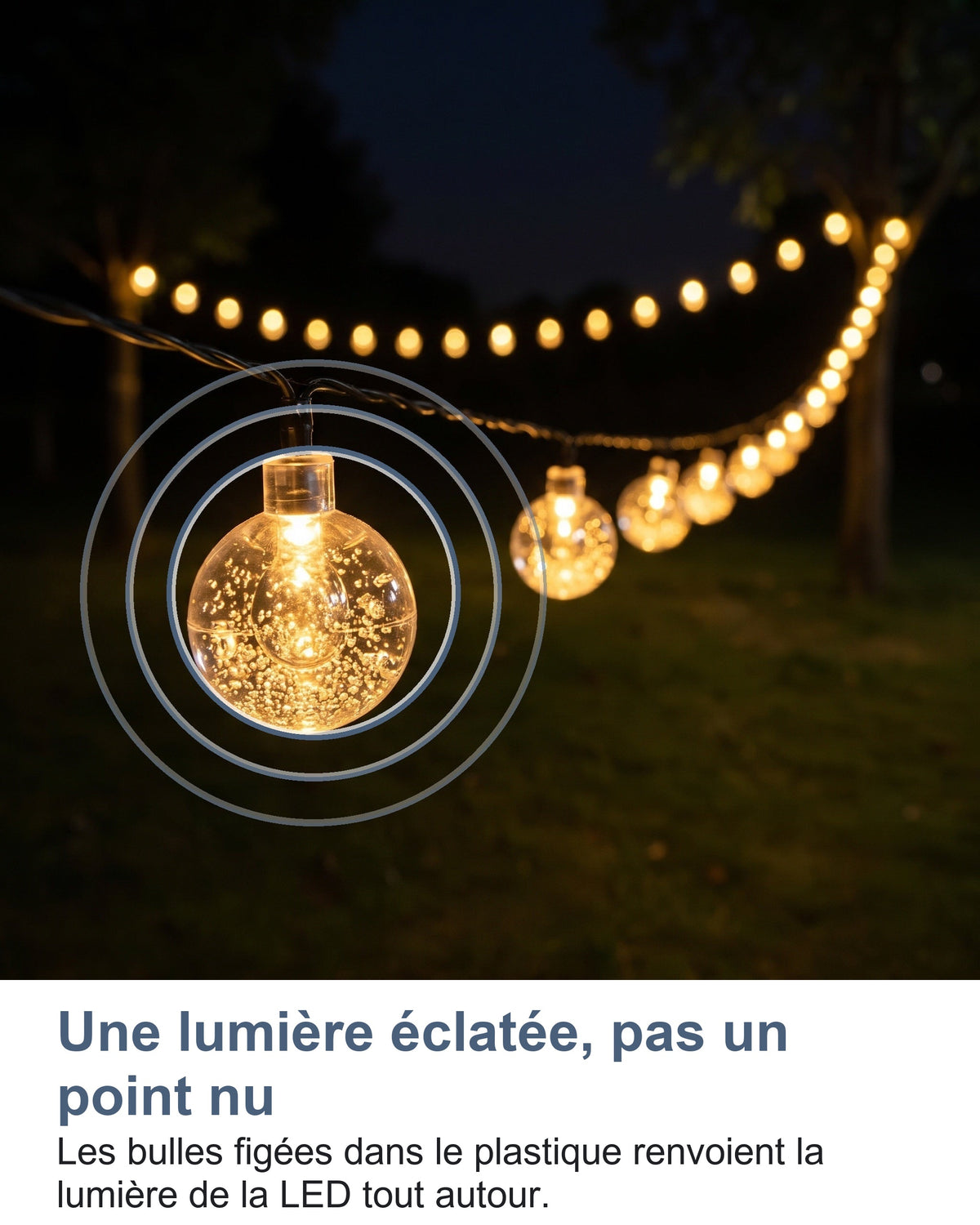 Une lumière éclatée, pas un point nu Les bulles figées dans le plastique renvoient la lumière de la LED tout autour.