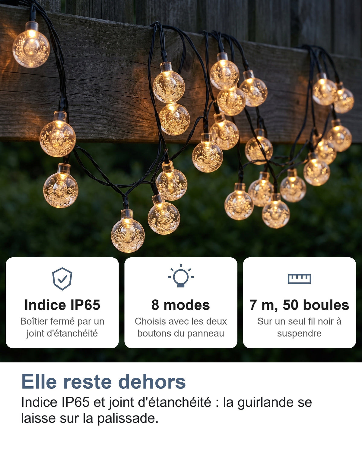 Elle reste dehors Indice IP65 et joint d'étanchéité : la guirlande se laisse sur la palissade.