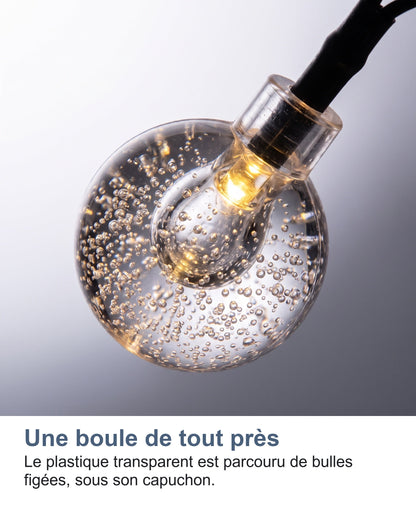 Une boule de tout près Le plastique transparent est parcouru de bulles figées, sous son capuchon.