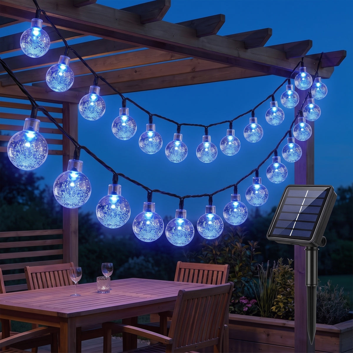 Guirlande lumineuse solaire 50 boules cristal, coloris bleu
