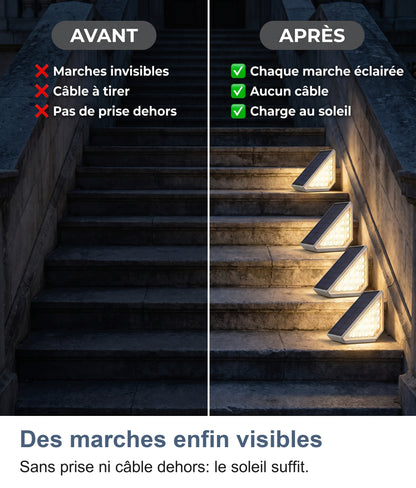 Avant, des marches invisibles la nuit, après, quatre marches éclairées