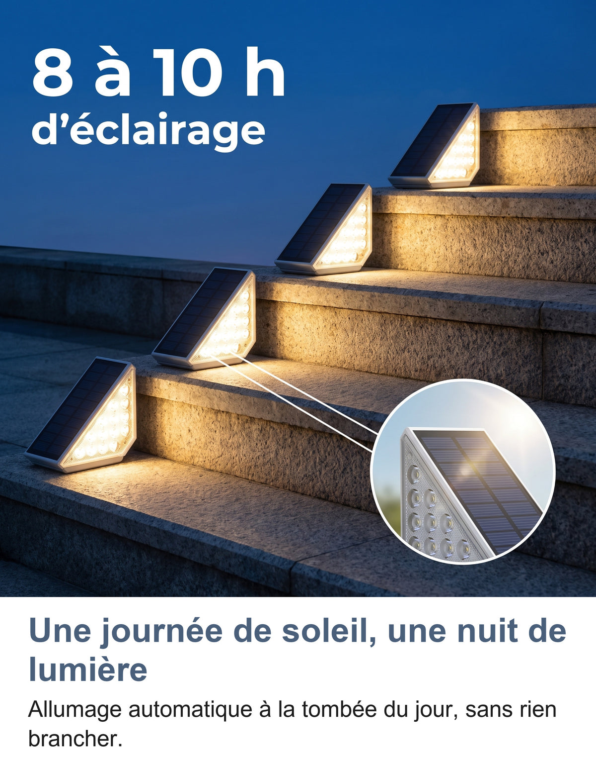 Quatre spots solaires allumés sur un escalier au crépuscule, 8 à 10 h d'éclairage