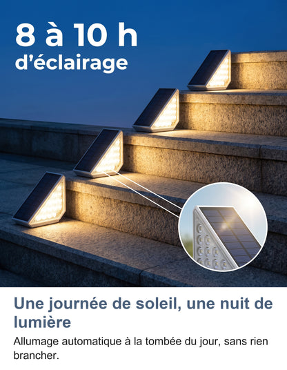 Quatre spots solaires allumés sur un escalier au crépuscule, 8 à 10 h d'éclairage