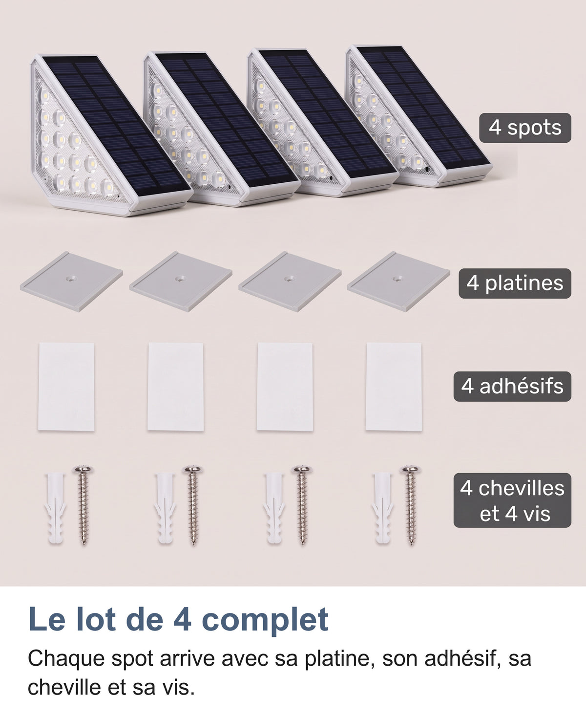 Contenu du lot : 4 spots, 4 platines, 4 adhésifs, 4 chevilles et 4 vis