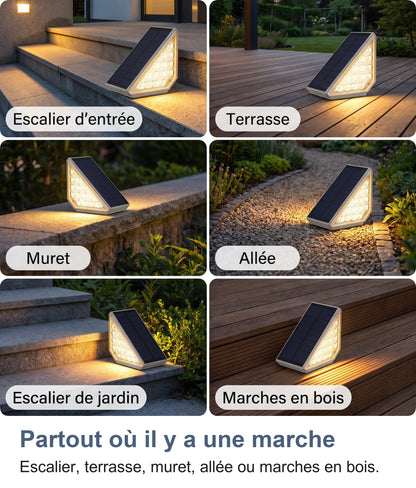 Le spot sur un escalier d'entrée, une terrasse, un muret, une allée, un escalier de jardin et des marches en bois