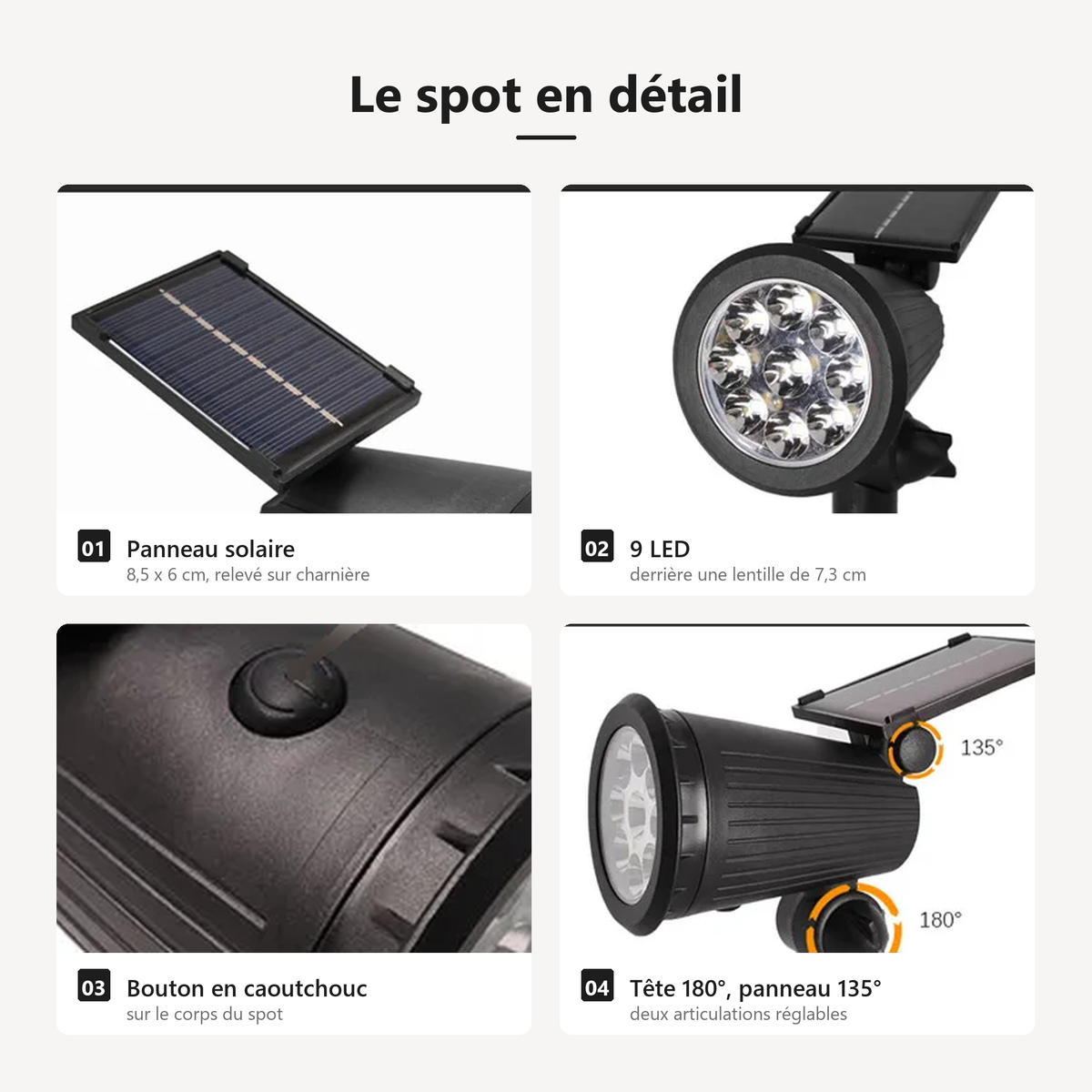 Détails du spot solaire : panneau solaire de 8,5 x 6 cm, neuf LED derrière une lentille de 7,3 cm, bouton en caoutchouc, tête orientable sur 180 degrés et panneau sur 135 degrés