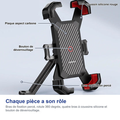 Les pièces du support: bras de fixation percé, plaque aspect carbone, coussins silicone et bouton