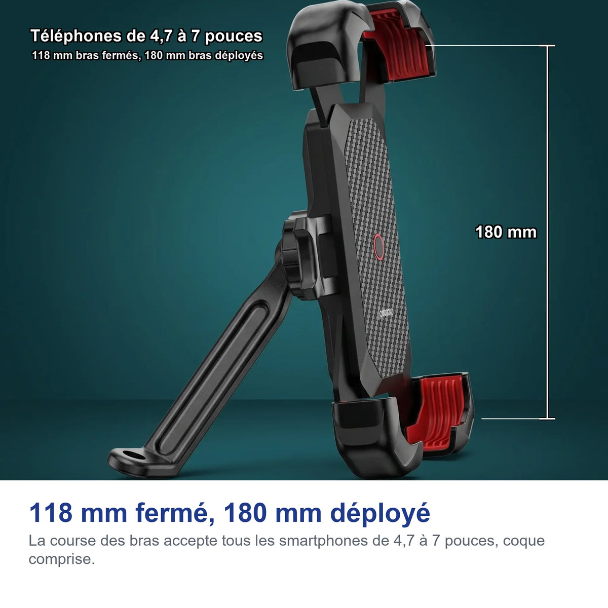 Dimensions du support: 118 mm bras fermés, 180 mm bras déployés