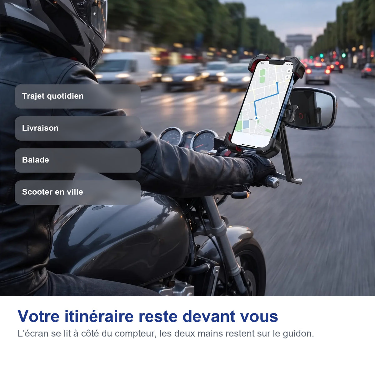 Motard en ville avec le téléphone monté sous le rétroviseur