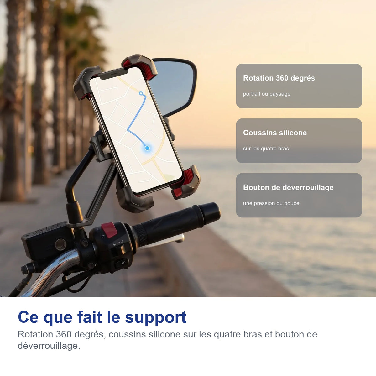 Rotation 360 degrés, coussins silicone et bouton de déverrouillage
