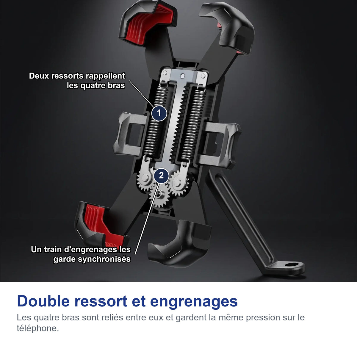 Mécanique interne du support: double ressort et train d'engrenages