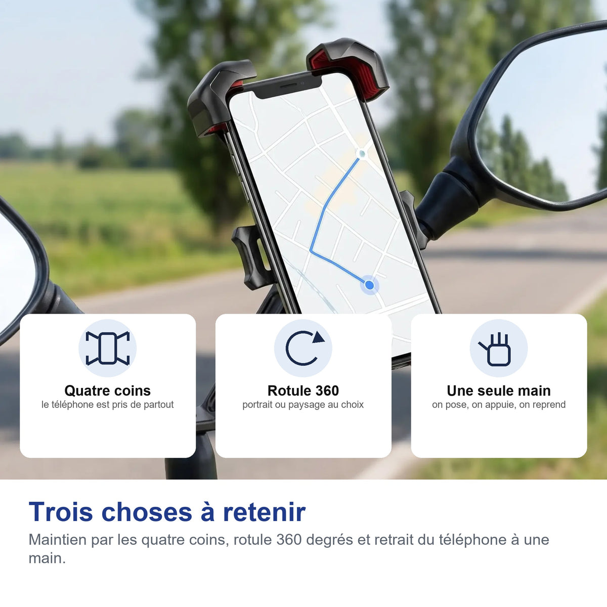 Maintien par les quatre coins, rotule 360 degrés et retrait à une main