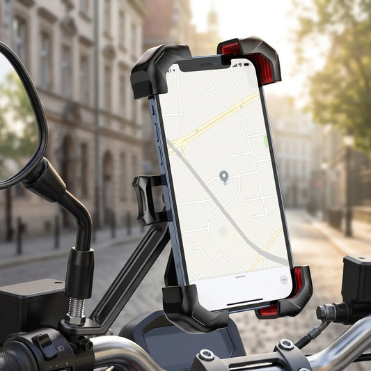 Support téléphone moto fixé sous le rétroviseur d'une moto en ville