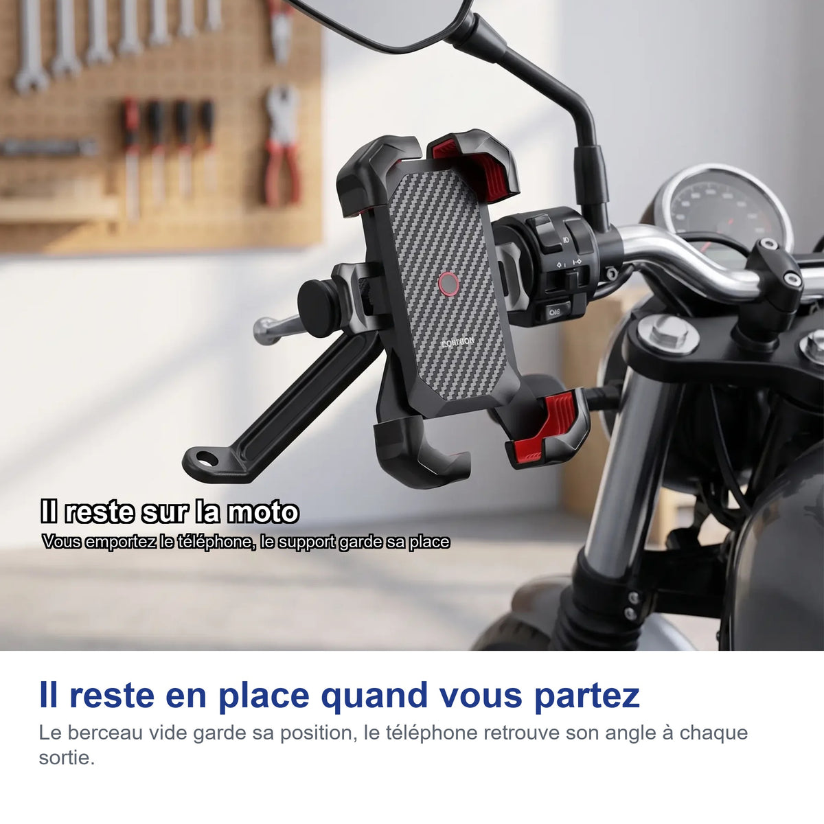 Le support reste sur la moto quand le téléphone est retiré